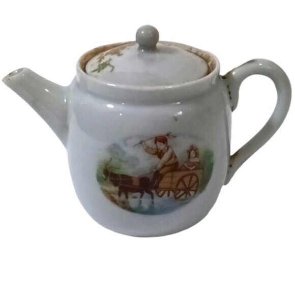 Antique Japanese Mini Teapot & Lidded 2-Handled Pot Goat Cart & Flowers Decor - Picture 1 of 13